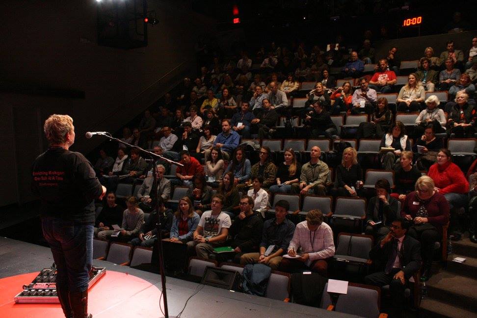 Speaker addressing audience in Beardsley Theater