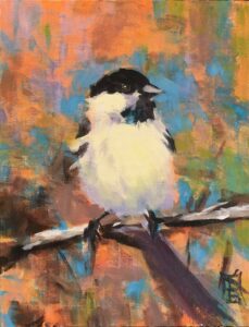 Painting of a small bird perched on a stick